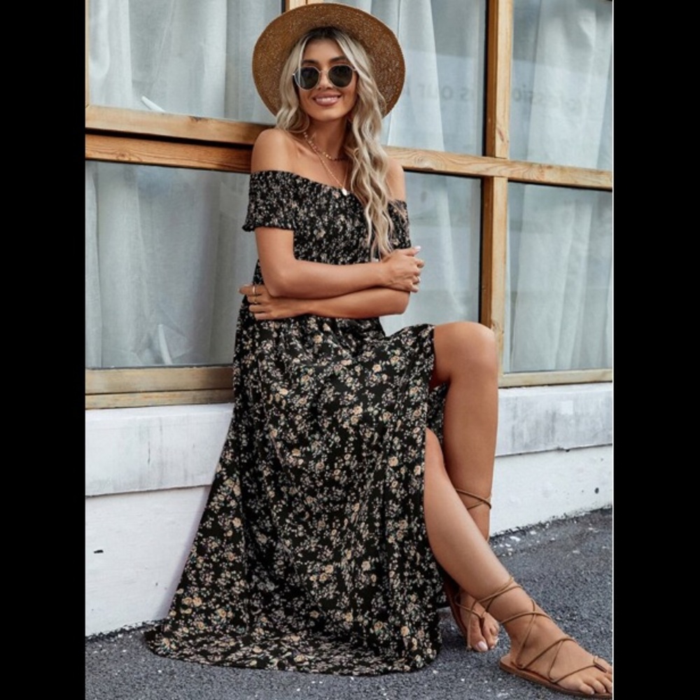 Off Shoulder Ditsy Floral High Split Dress
